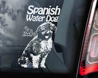 Spanish Water Dog on Board - Car Window Sticker - Perro de agua Español Sign Decal - V01