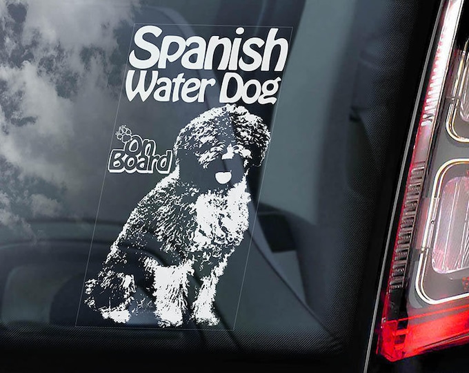 Spanish Water Dog on Board - Car Window Sticker - Perro de agua Español Sign Decal - V01