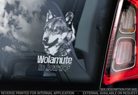 Wolamute on Board - Car Window Sticker - Alaskan Malamute Wolf Hybrid Dog Sign Decal -V01