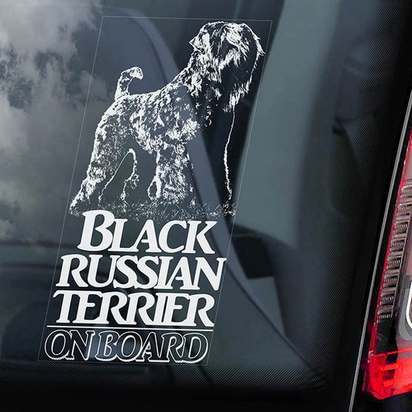 Black Russian Terrier on Board - Car Window Sticker - Tchiorny Dog Sign Decal Art Gift - V01