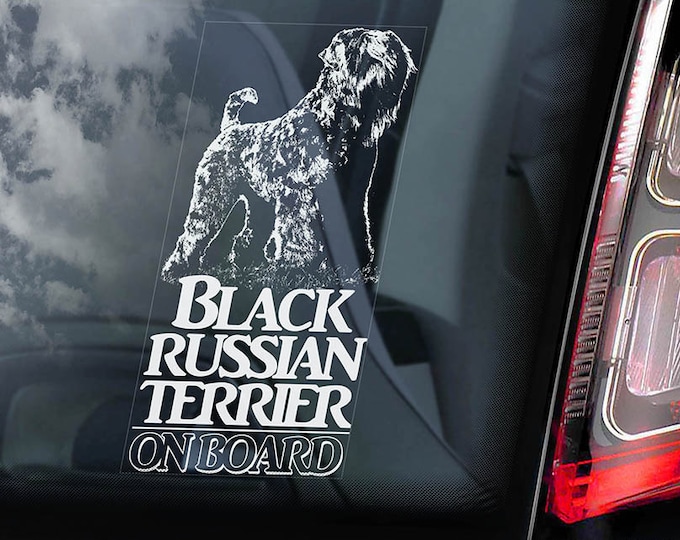 Black Russian Terrier on Board - Car Window Sticker - Tchiorny Dog Sign Decal Art Gift - V01