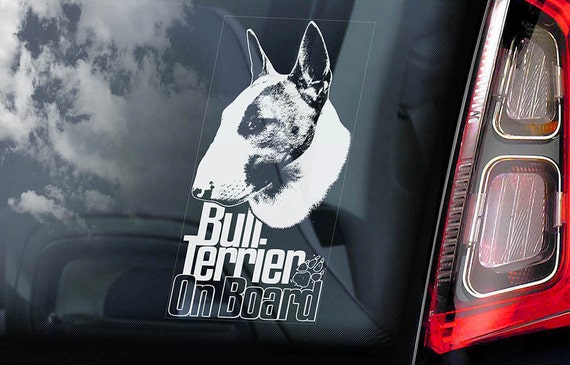 Bull Terrier on Board - Car Window Sticker -  English Brindle Bully Dog Sign Decal -V06