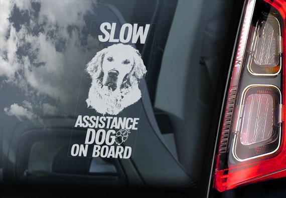 Assistance Dog on Board - Car Window Sticker - Golden Retriever Slow Dog Sign Decal Gift - V27