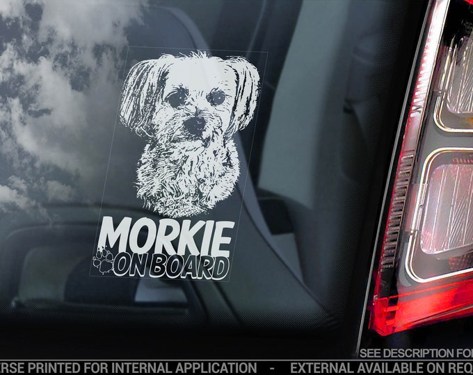 Morkie on Board - Car Window Sticker - Yorkshire Terrier Maltese Hybrid Breed Dog Sign Decal - V02