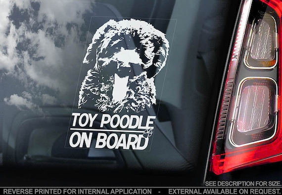 Toy Poodle on Board - Car Window Sticker - Caniche Pudelhund Dog Sign Decal - V03