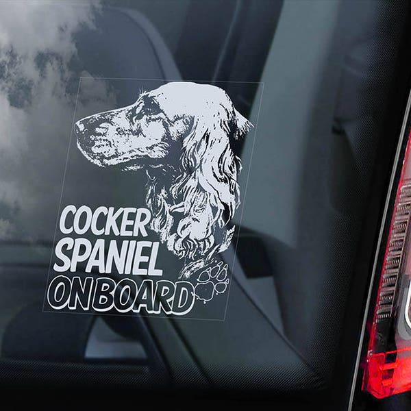 Cocker Spaniel on Board - Car Window Sticker -  English Dog Sign Decal -V02