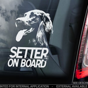 Op de afbeelding: Witte vinyl auto sticker met een zwart-wit silhouet van een setter met zijn tong naar buiten. De tekst "SETTER ON BOARD" staat onder de hond.