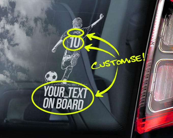 Personalised Boy Footballer Sticker - CUSTOM NAME & NUMBER - Car Window Decal Sports Football Team Club Kids Child Text Design