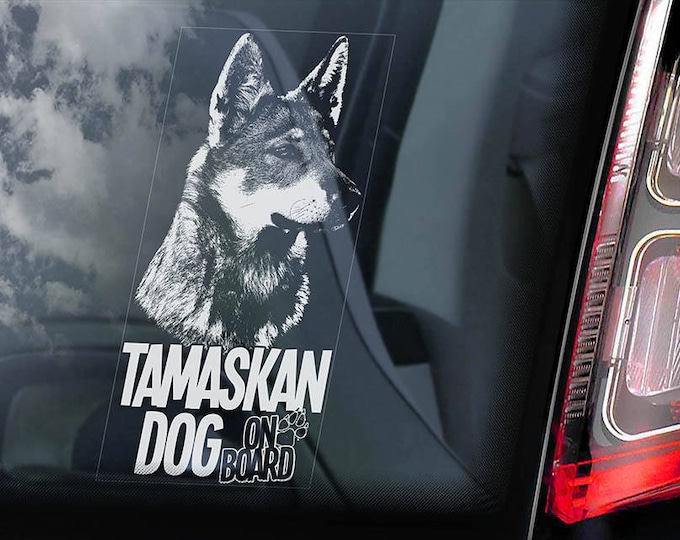 Tamaskan Dog on Board - Car Window Sticker - Tam Husky Sign Decal - V02