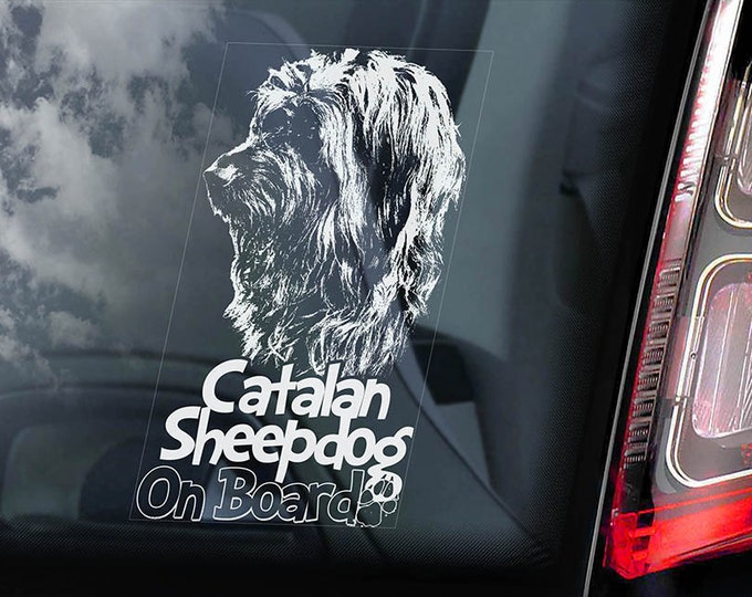 Catalan Sheepdog on Board - Car Window Sticker -  Gos d'atura català Shepherd Dog Sign Decal - V01