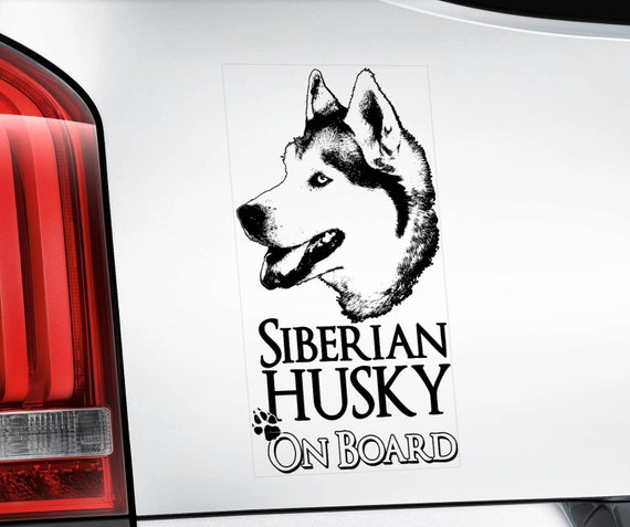 Siberian Husky on Board - Car Window Sticker - Huskie Sled Dog Sign Decal -V01BLK
