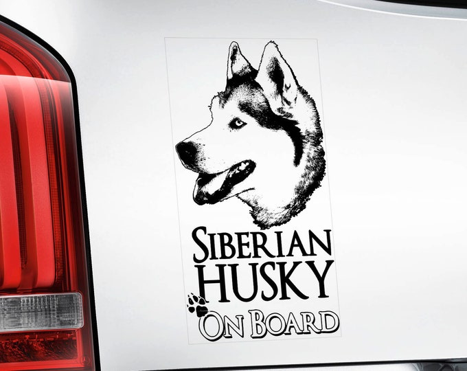 Siberian Husky on Board - Car Window Sticker - Huskie Sled Dog Sign Decal -V01BLK