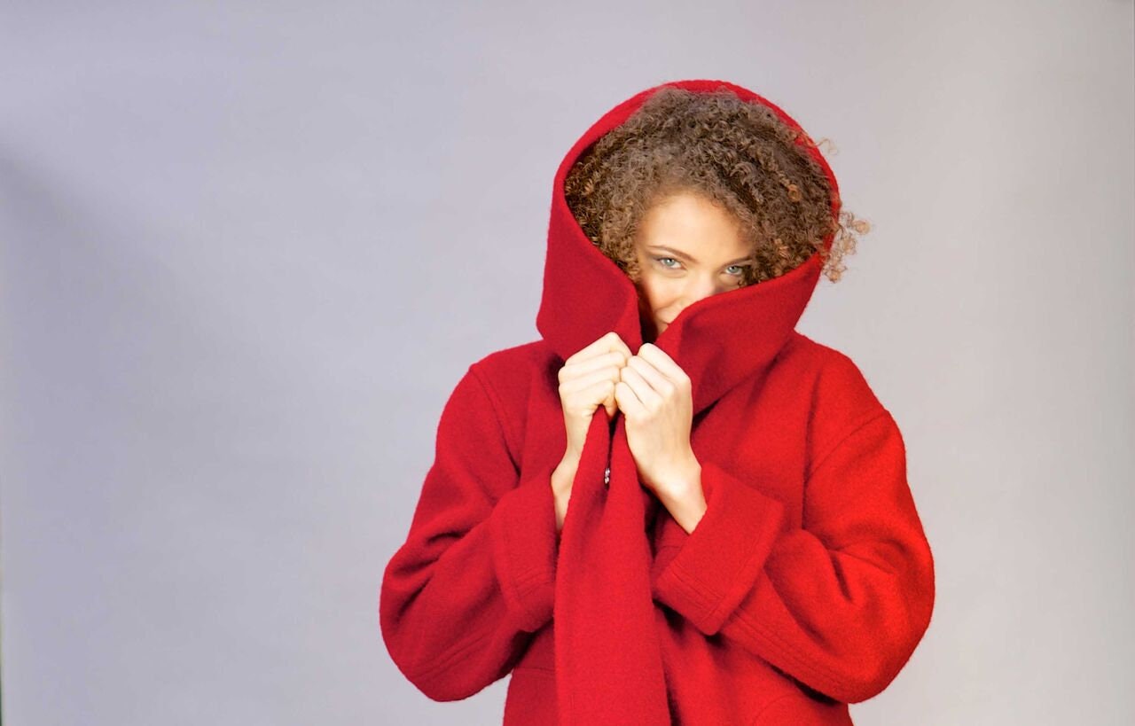 Image of Pure Wool Hooded Jacket, Loose Fit Jacket in Boiled With Deep Pockets Made England