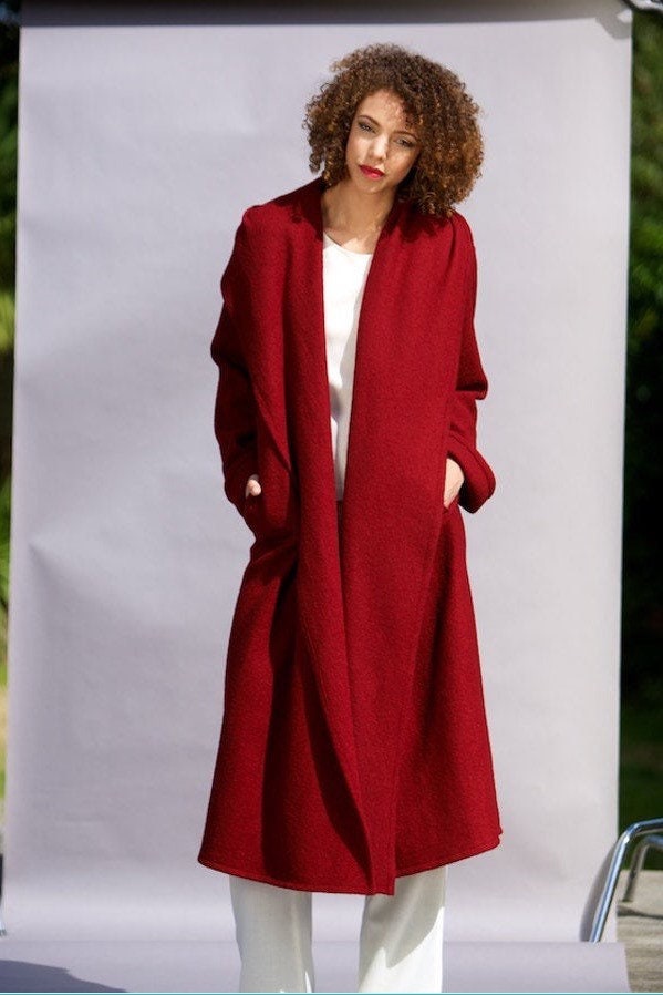 Image of Long Wool Coat Red, Shawl Collar Hooded Wrap Coat in Pure Boiled Wool With Deep Pockets