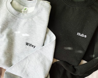 Wifey and Hubs Embroidered Sweatshirts, Mr and Mrs T-Shirt, Husband and Wife Shirt, Wedding Gift, Honeymoon, Groom, Bride, Wedding Day Shirt