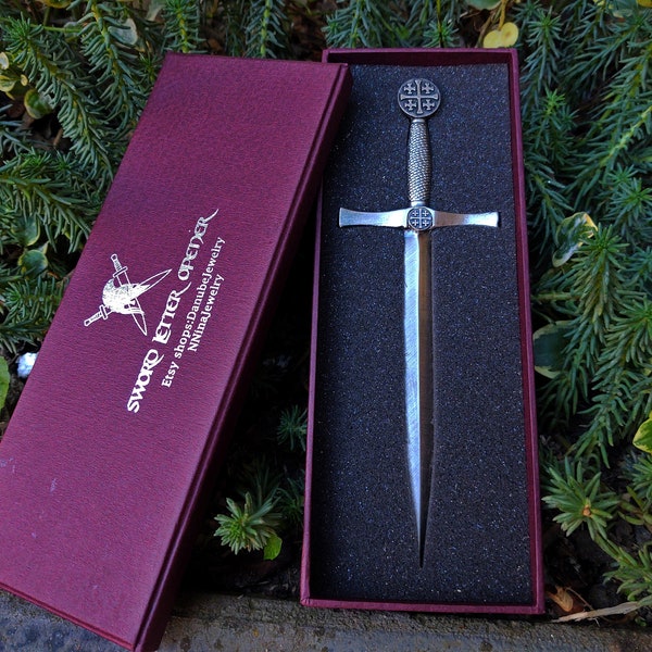 Vintage medieval sword letter opener with Jerusalem cross,Jerusalem cross sword envelope opener,Five-fold christian cross sword for envelope