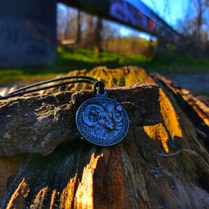 May include: A silver pendant necklace featuring a ram's head design. The pendant is on a black cord and is resting on a piece of weathered wood.