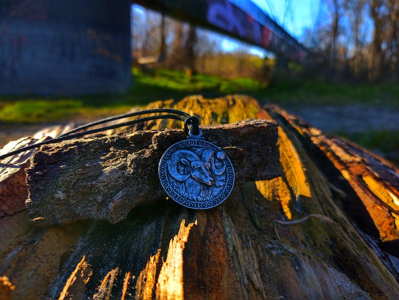 May include: A silver pendant necklace featuring a ram's head design. The pendant is on a black cord and is resting on a piece of weathered wood.