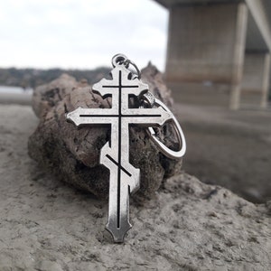 Russian Orthodox Cross necklace keychain,Plain Russian Orthodox Cross,Suppedaneum Cross Rustic keychain,Patriarchal Cross necklace