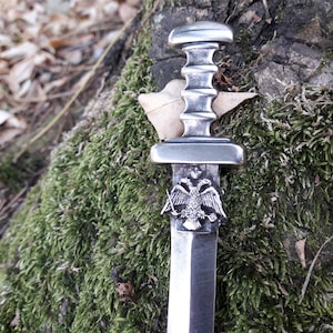 Puede incluir: Una daga plateada con un mango ornamentado y un emblema de &aacute;guila bic&eacute;fala. La daga se encuentra sobre un fondo de madera cubierta de musgo y hojas ca&iacute;das, lo que sugiere un entorno al aire libre.