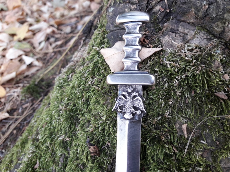 Puede incluir: Una daga plateada con un mango ornamentado y un emblema de &aacute;guila bic&eacute;fala. La daga se encuentra sobre un fondo de madera cubierta de musgo y hojas ca&iacute;das, lo que sugiere un entorno al aire libre.