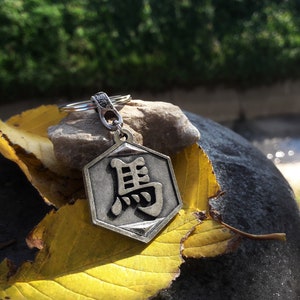 May include: A silver-colored keychain with a hexagonal charm featuring a Chinese character. The keychain is resting on a rock and a yellow leaf.