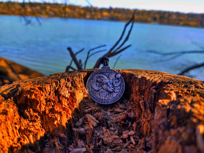 May include: A silver pendant featuring an intricate design of a ram's head. The pendant is positioned on a weathered tree stump with a blurred backdrop of a lake and trees.