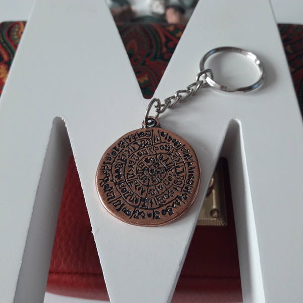 Phaistos Disc,Disc from Crete,letter symbol necklace pendant,Greece symbol,Phaistos Disc keychain,double sided letter disk necklace keychain