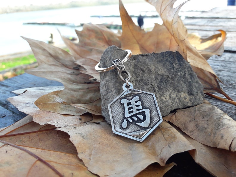 May include: A silver keychain with a hexagonal charm featuring a Chinese character. The charm is on a rock surrounded by brown leaves.