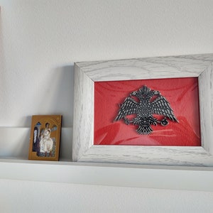 Gran águila bicéfala enmarcada del Imperio bizantino, placa rústica vintage con escudo de armas imperial bizantino, regalo para el hogar del cristianismo ortodoxo.