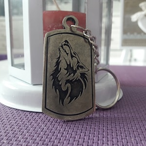 Wolf head on rectangle military plate necklace and keychain,animal lover jewelry,Slavic pagan symbol wolf,stark family wolf head rectangle