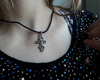 Little discreet Vintage Russian Orthodox Cross necklace,Christian Crucifix Jesus Russian Cross,Greek cross,Serbian cross,Patriarchal Cross