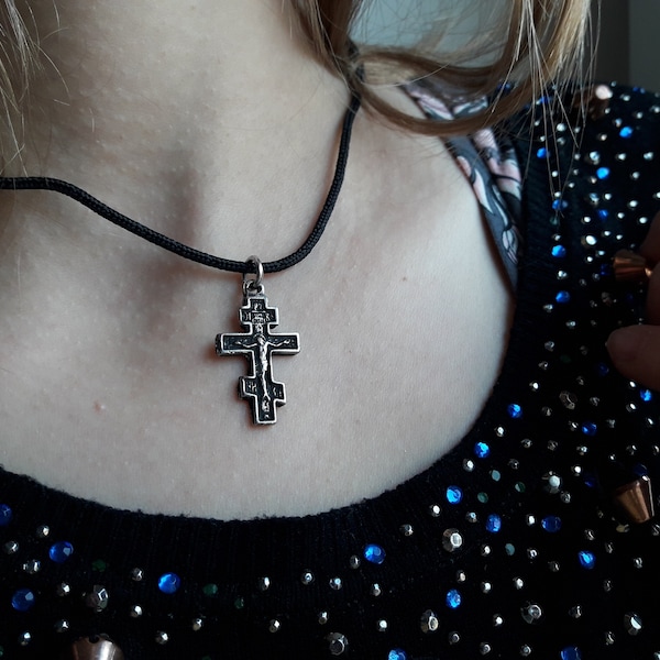 Little discreet Vintage Russian Orthodox Cross necklace,Christian Crucifix Jesus Russian Cross,Greek cross,Serbian cross,Patriarchal Cross
