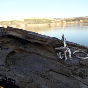 Puede incluir: Un llavero de color plateado con un diseño de animal detallado. El llavero está sobre una pieza de madera desgastada con un fondo borroso de un río y un edificio en la distancia.