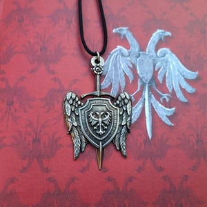 Nemanjic dynasty two headed eagle coat of arms on shield with sword and Angel wings necklace,Serbian double-headed eagle shield coat of arms