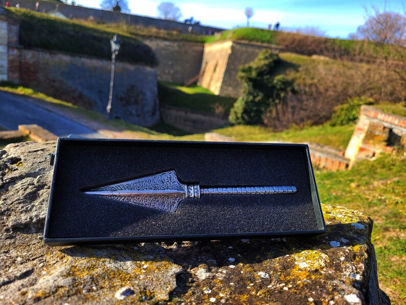 May include: A silver-colored arrowhead-shaped keychain in a black velvet box. The keychain is detailed with a textured pattern and is displayed on a rock with a blurred background of a stone wall and green grass.