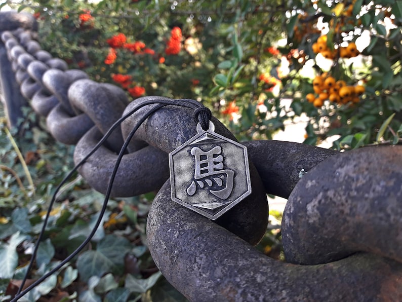 May include: A silver hexagonal pendant with a Chinese character on a black cord, hanging from a rusty chain link fence. The pendant is in focus, while the background is blurred.