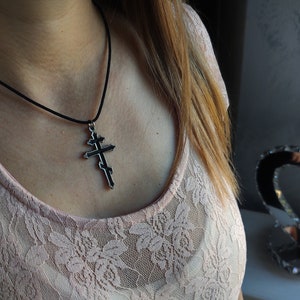 Orthodox Russian Cross necklace jewelry rustic vintage,Patriarchal Cross necklace, Russian Orthodox Church Cross,Suppedaneum cross,Byzantine