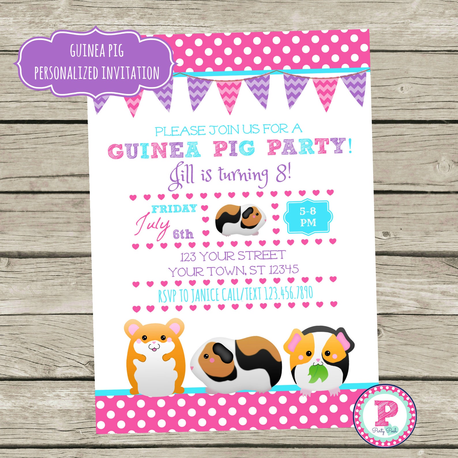 Guinea Pig Party Invitation Front Back Birthday Guinea Pigs | Etsy