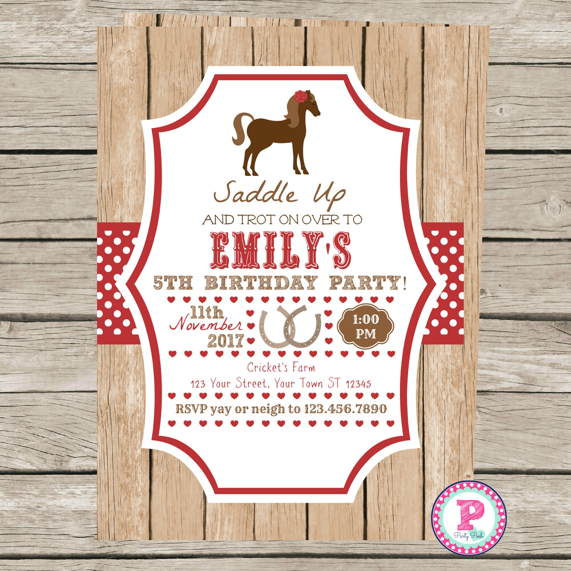 Horse Pony Party Invitation Front Back Red Birthday Horseshoe - Etsy