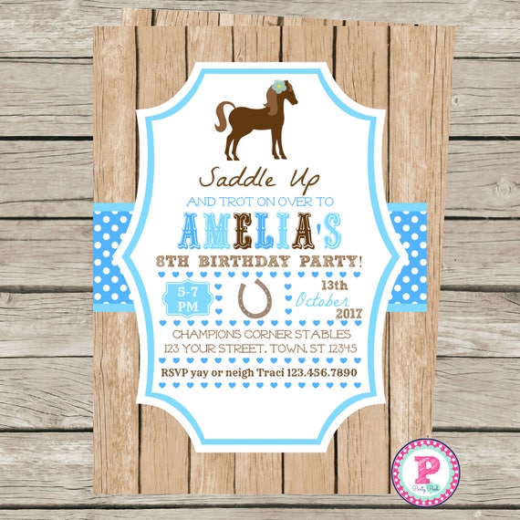 Blue And White Horses Personalised Children/'s Birthday Party Invitations