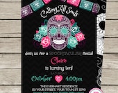 Dia De Los Muertos Sugar Skull Halloween Birthday Party Invitation Spooktacular Fiesta Calling All Souls Day of Dead Costume Black