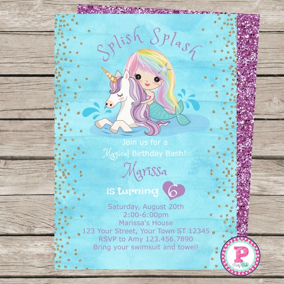 Sirene Licorne Aquarelle Anniversaire Fete Invitation Recto Etsy France