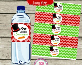 INSTANT Christmas Melted Snowman Drink Wraps Water Bottle Labels Red Green  Chevron School Party Birthday Party Winter