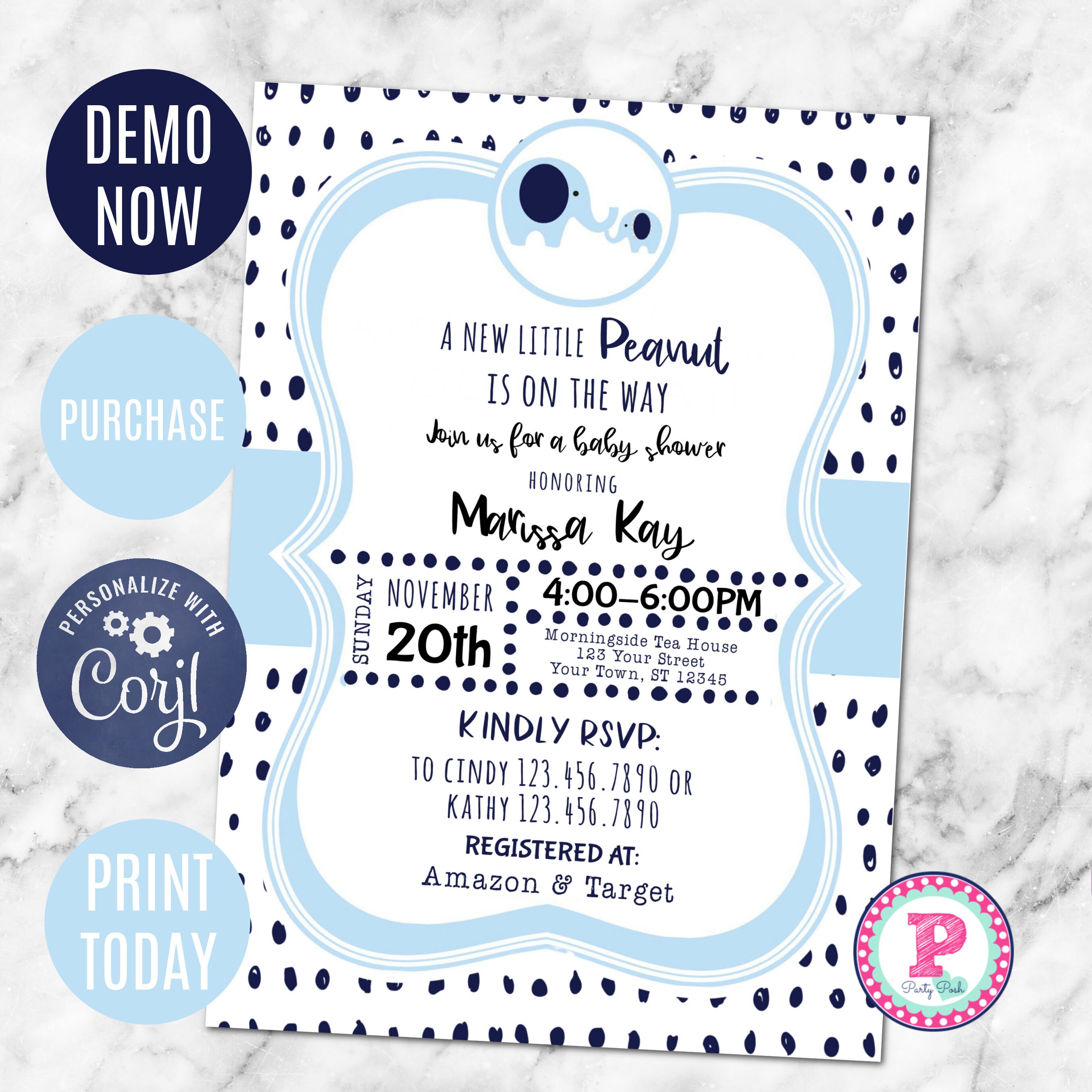 EDITABLE Navy Blue Elephant Baby Shower Invitation Digital Etsy