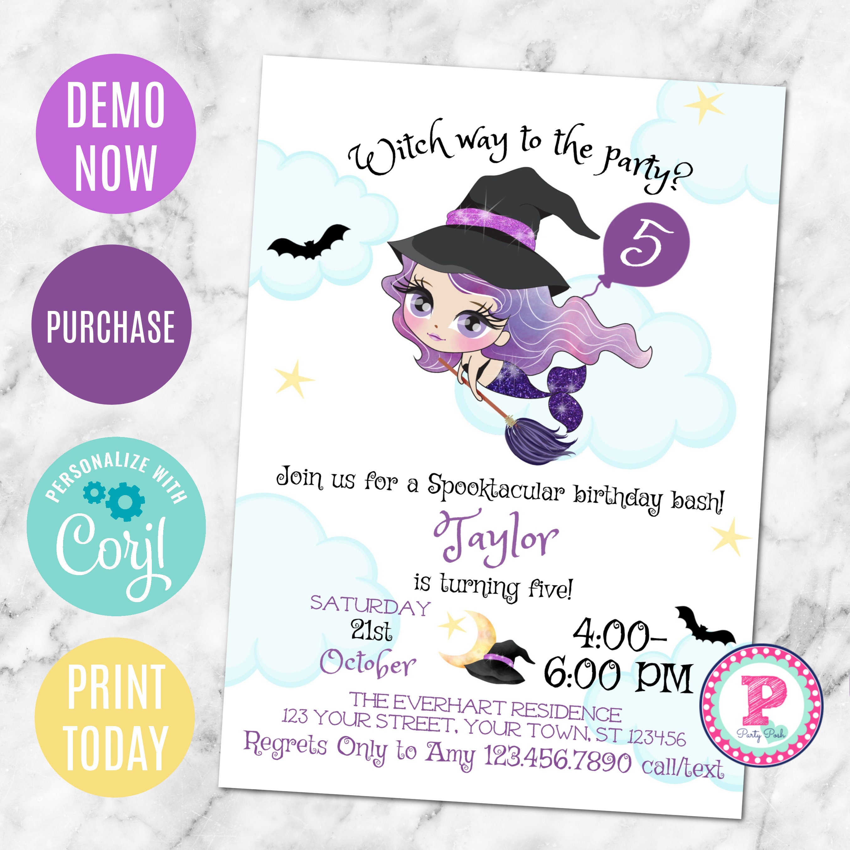 Editable Witch Mermaid Birthday Invitation Spooktacular Etsy