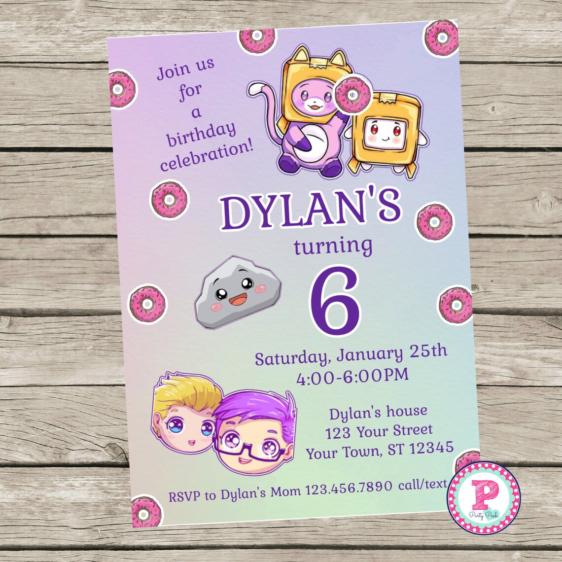 Lankybox Birthday Party Invitation Foxy Boxy Rocky Donut You Etsy