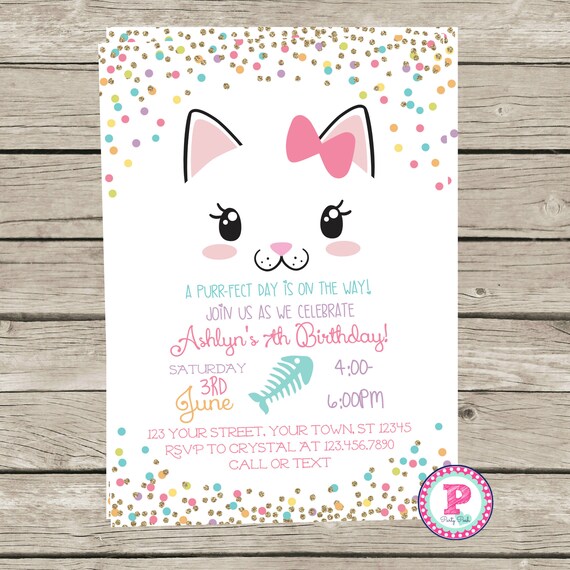 Chaton Confettis Anniversaire Fete Invitation Recto Retour Etsy France