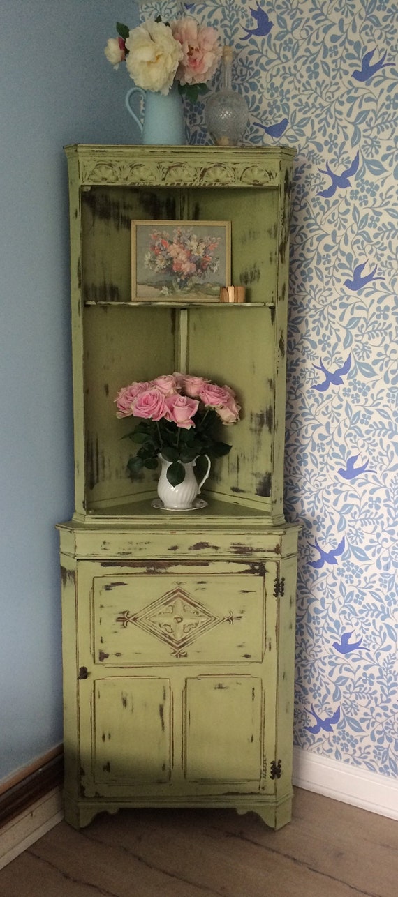 Sold Lovely Shabby Chic Sage Green Corner Display Cabinet Etsy