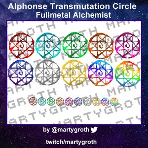 Op de afbeelding: Een digitale illustratie van de transmutatiecirkel uit de anime Fullmetal Alchemist. De cirkel wordt in 10 verschillende kleurvariaties getoond, waaronder rood, blauw, groen, geel en paars.